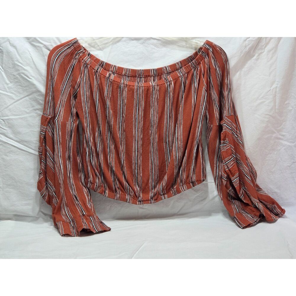 Altar'd State Striped Off-The-Shoulder Crop Top Rust Boho Bell Sleeve